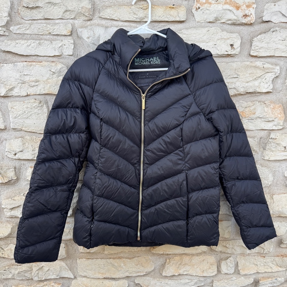 MICHAEL Michael Kors Black Quilted Puffer Coat Packable Down Fill Hooded